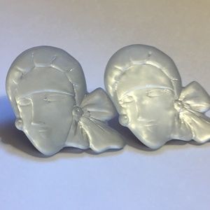 Vintage White Frosted Girl in Bonnet Fashion Earrings, Unique, Post Back, EUC